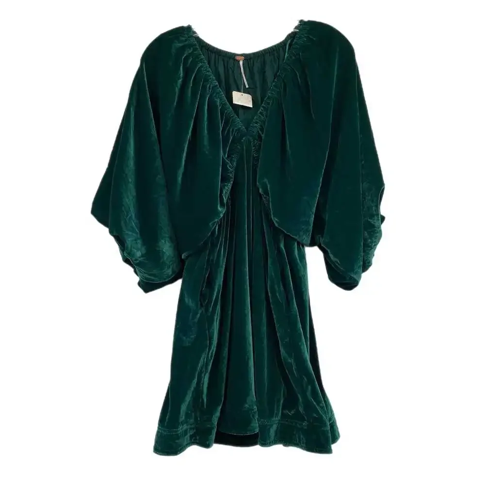 Free People Green Velvet Puff Sleeve Mini Dress | Women’s XS